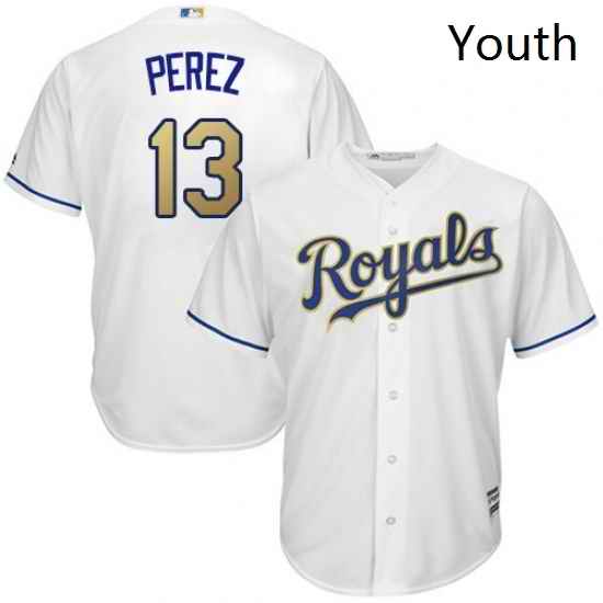 Youth Majestic Kansas City Royals 13 Salvador Perez Authentic White Home Cool Base MLB Jersey